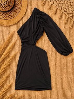 Black One-Shoulder Cutout Dress with Long Sleeve